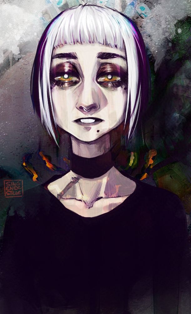 A pale woman (Voy) is portrayed from the chest up, looking directly at the viewer. Her expression not quite sorrow, but also no smile. Overlayed with a bloodstained negative of her patron deity Marlih. Alt text provided by yours truly.