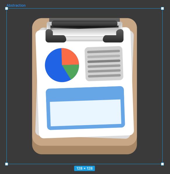 Highlighted frame named Abstraction inside the design software Lunacy. The image has a clipboard, with two papers attached to it, the top one including a pie chart of blue, orange and green, a text box to the right of it and a table below both. The design follows Gnome's Human Interface Guidelines (HIG).