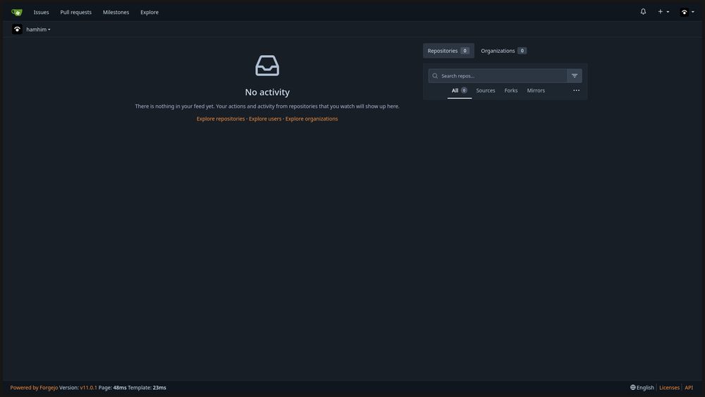 Interface of Forgejo's home page, a self-hosted Git solution, shown empty.