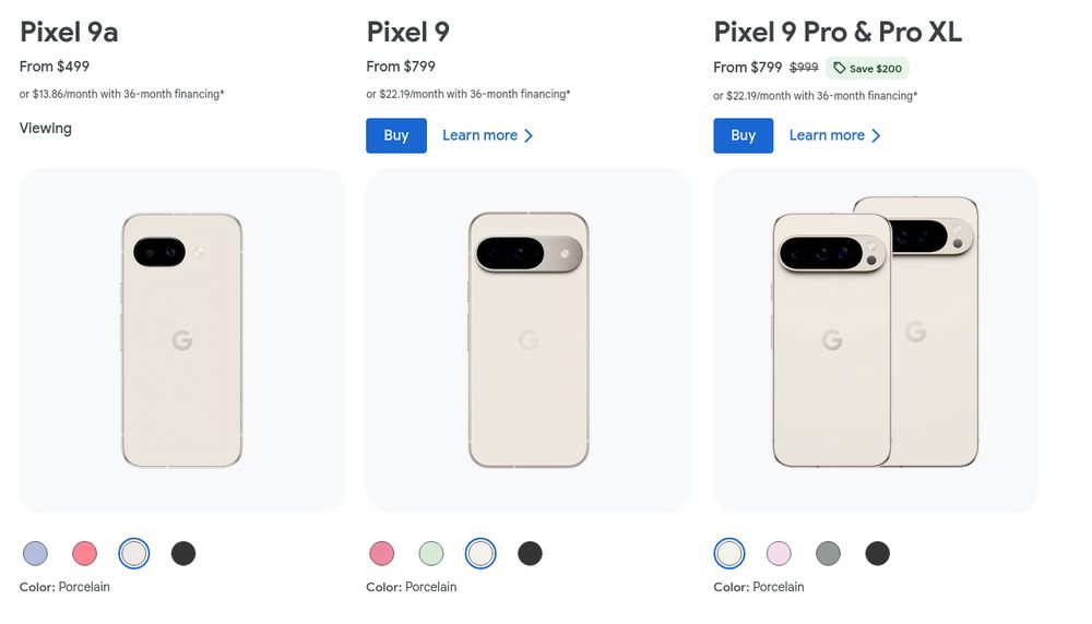 Screenshot of https://store.google.com/us/product/pixel_9a comparing the Google Pixel 9a, 9, and 9 Pro & Pro XL. The phones are all shown in a light beige "Porcelain" color. Prices and monthly financing options are listed. Color options are displayed as circles below each phone.