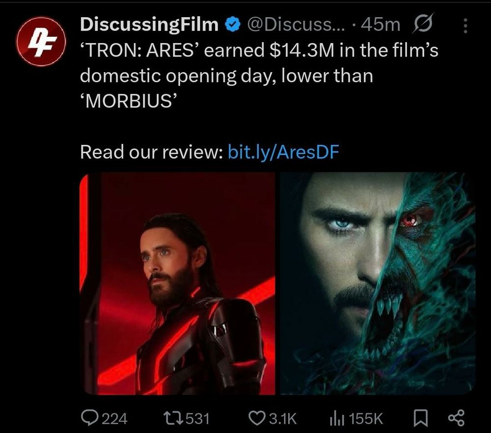'TRON:ARES' earned $14.3M in the film's domestic opening day, lower than 'MORBIUS'