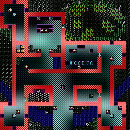 Screenshot of xu4 showing a town map. The town consists of a large walled-in area with several semi-enclosed rooms, with various NPCs scattered around, and a prominent central room labelled "HEALER". Woods surround the town, and two guards stand aside the large entrance to the south.