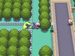 Screenshot of Pokemon HeartGold/SoulSilver with the player and pokemon performing a cut on a tree, opening a new path. "Letting the player unlock more paths (in the form of waypoints or shortcuts) is an interesting way to provide a sense of progress. It gives the player the feeling of reshaping the world for their convenience, giving them a sense of belonging to the world."