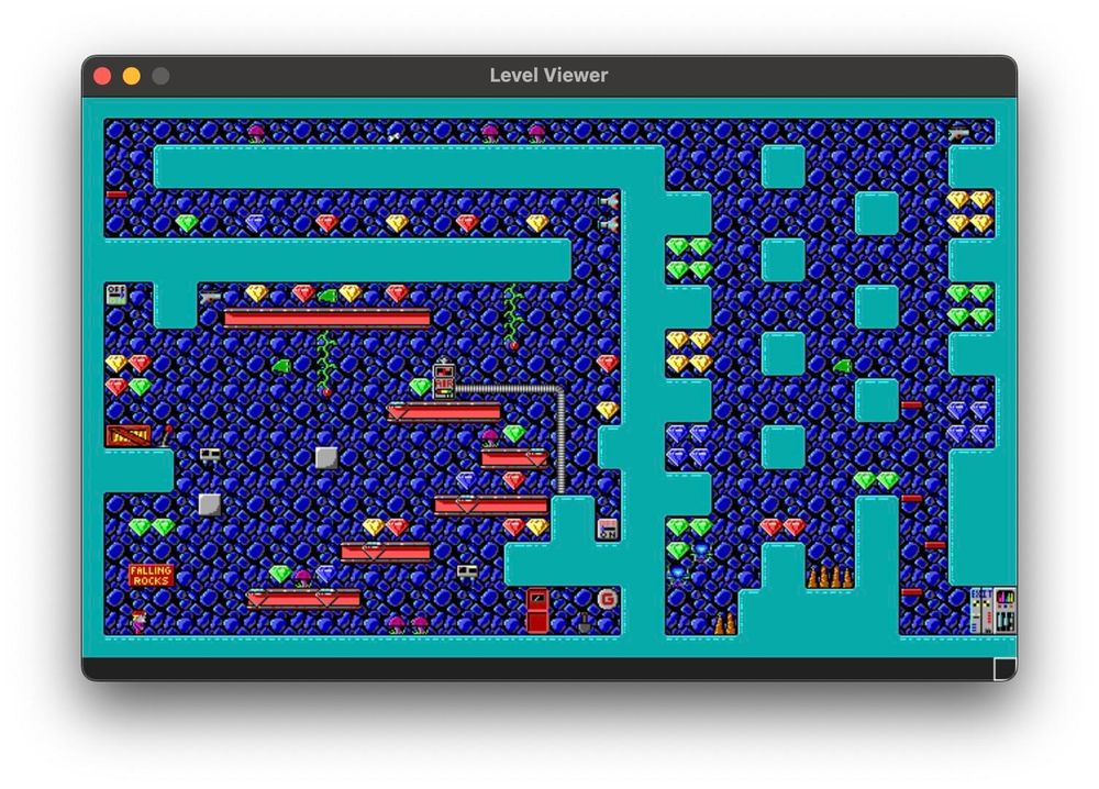 Screenshot of level 5 of OpenCrystalCaves, which shows a blue rocky level split into left/right sections. The first section features a large cavern with platforms spread around, with a “Falling rocks” sign, indicating that rocks will randomly fall from the top of the screen, making platforming a tense challenge. The second section features long vertical shafts that lead to stalagmites at the bottom, with crystals in the many ledges on the sides.