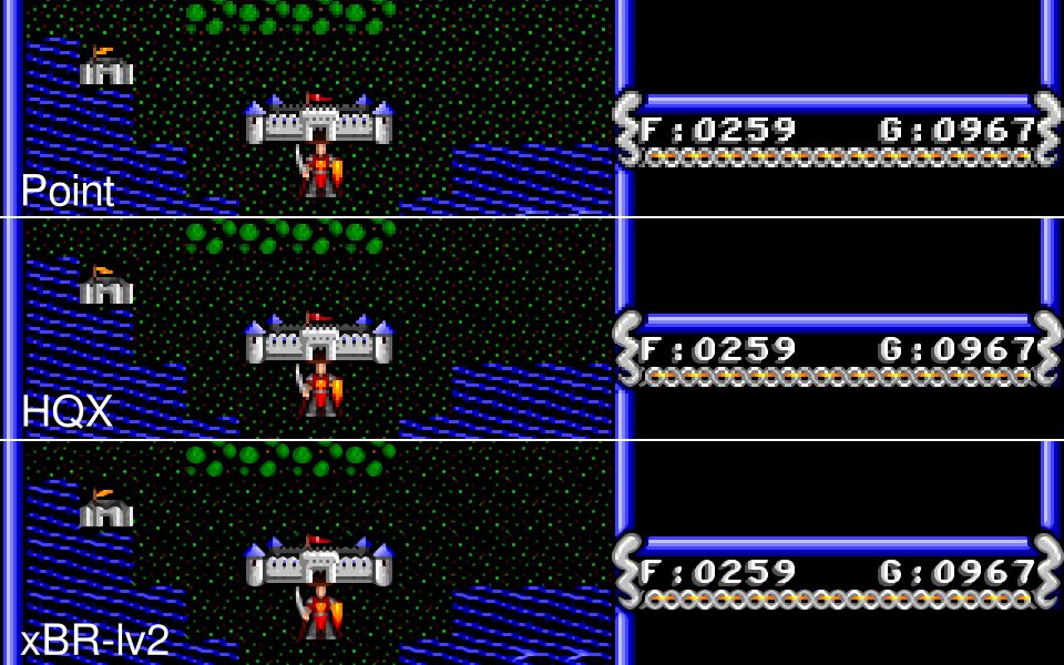 Screenshot comparing various pixel scalers in xu4, with the same overworld map view of the player outside a town, on a peninsula. Shown are Point, HQX and xBR-lv2 pixel scalers.