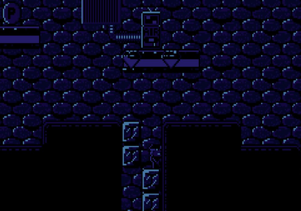 Screenshot of the remastered OpenCrystalCaves dark mode, which uses a blue monochrome palette. It is also mostly dark with prominent rim lighting, but there are also a mix of dark blue shades used throughout