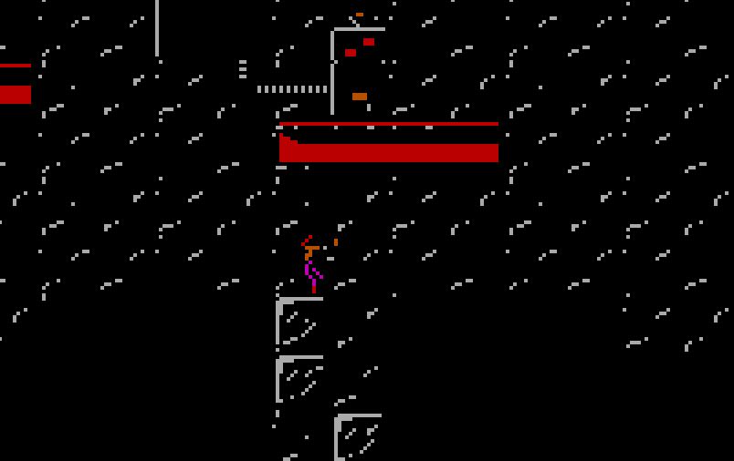Screenshot of dark mode in Crystal Caves. The level is mostly black with some rim highlights, especially on the breakable "ice" blocks below the player