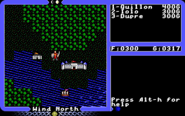 Screenshot of xu4 showing the overworld map. The player is in an area nearby two towns, a water feature, and woods cover most of the land area. A ship is in the distance in the water. A message panel to the side shows other stats like player characters and the amount of gold.