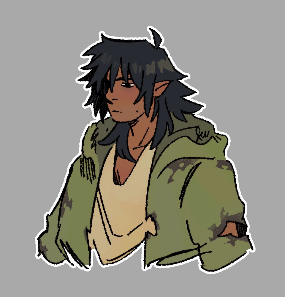 Colored sketch of an elf character wearing a green coat dotted with scorch marks
