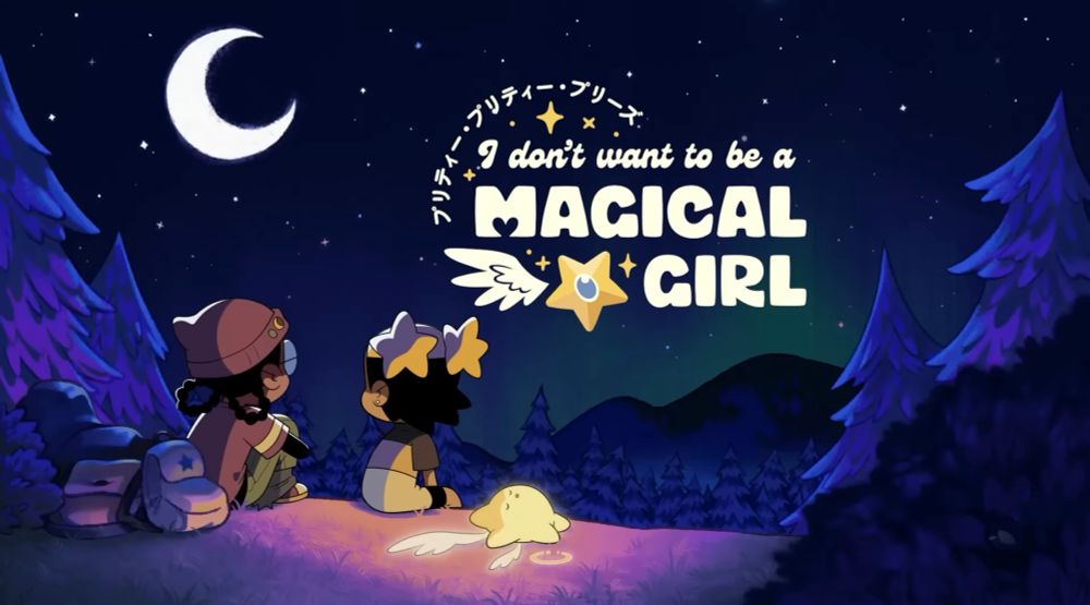 Screenshot from “Pretty Pretty Please I Don’t Want to Be a Magical Girl” animated pilot created by Kiana Khansmith. The two main characters sitting in the grass stargazing while lit by the warm glow of star-shaped magical friend Hoshi
