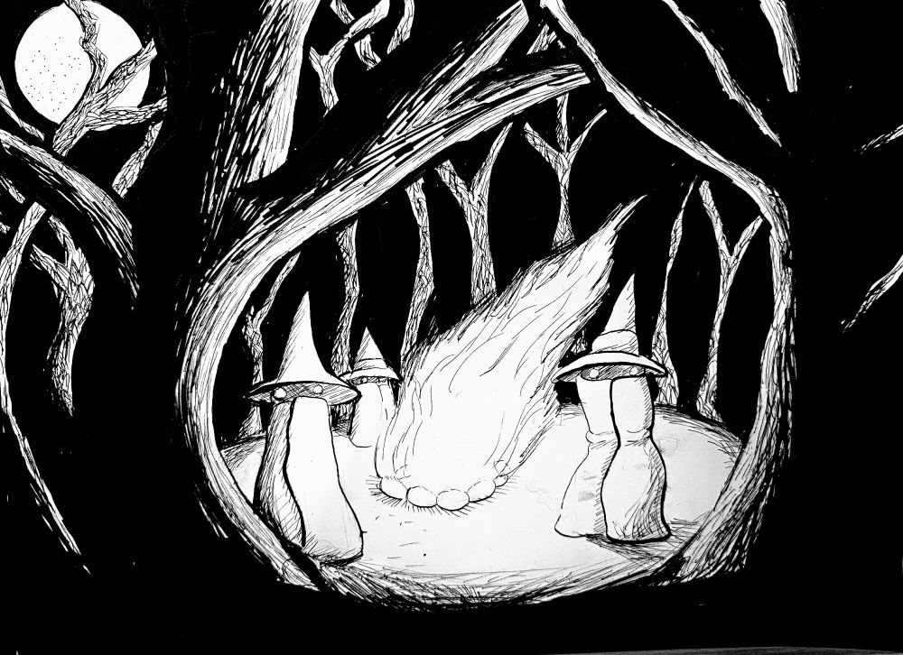 Witches around a fire in the dark woods. The moon is in upper left corner