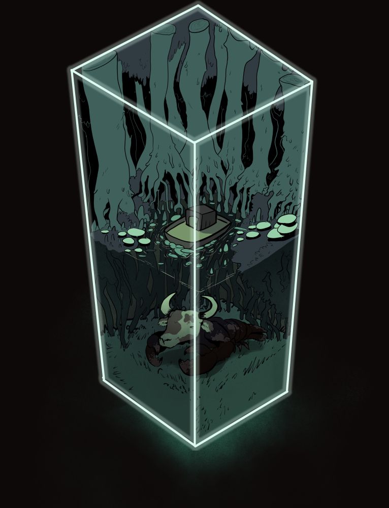 A rectangular tall cube of a swamp with a boat on the water, under the water is a giant lobster with a cow head.