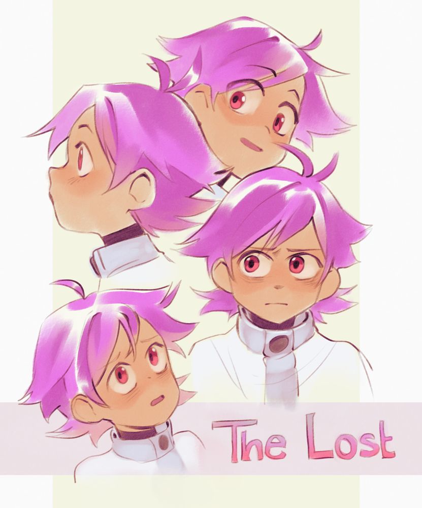 Various drawings of Fai, my character, who has magenta colored hair. Caption reads "The Lost".