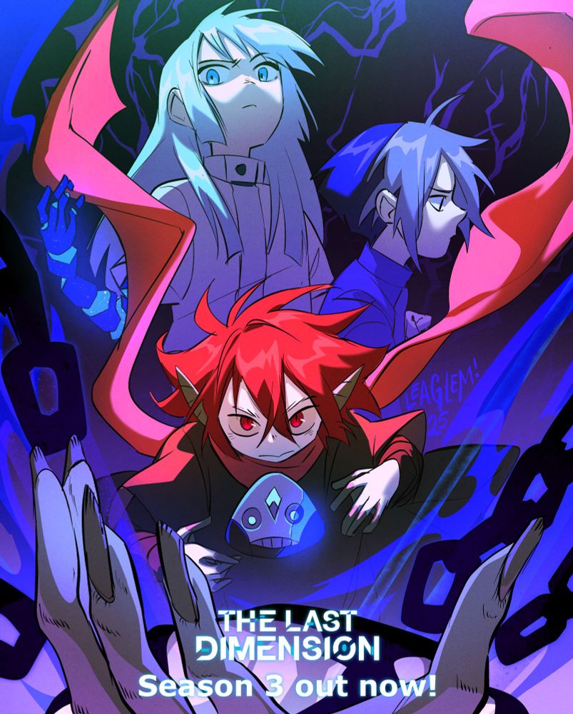 Poster for The Last Dimension, caption reads "Season 3 out now". It features Susi with a crackled arm, Trodd brooding and Phil holding Skraunt's mask, all while a huge old hand with long nails and chains comes from the bottom to hold them all.