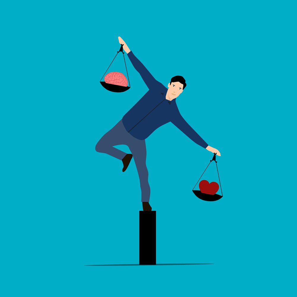 Image from pixabay
https://pixabay.com/vectors/unbalanced-uncertainty-heart-brain-8850050/
shows man standing like a seet of scales, with unbalanced loads