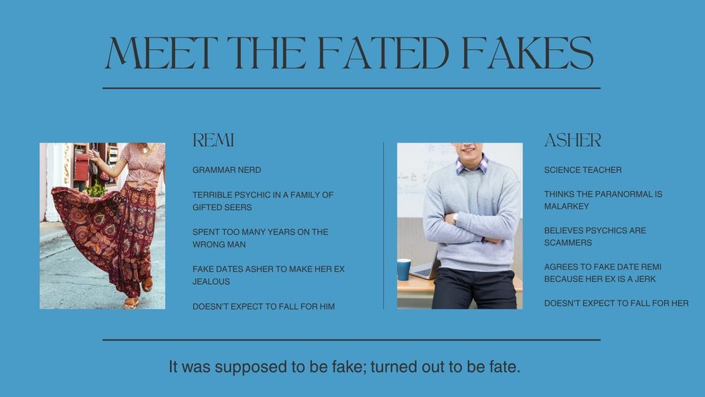 Image is an introduction to the main characters of FATED FAKES by Kim Cayley, Remi and Asher. 