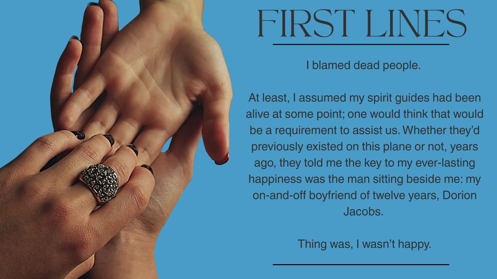 The first lines of FATED FAKES by Kim Cayley, image is of a palm reading  on a blue background