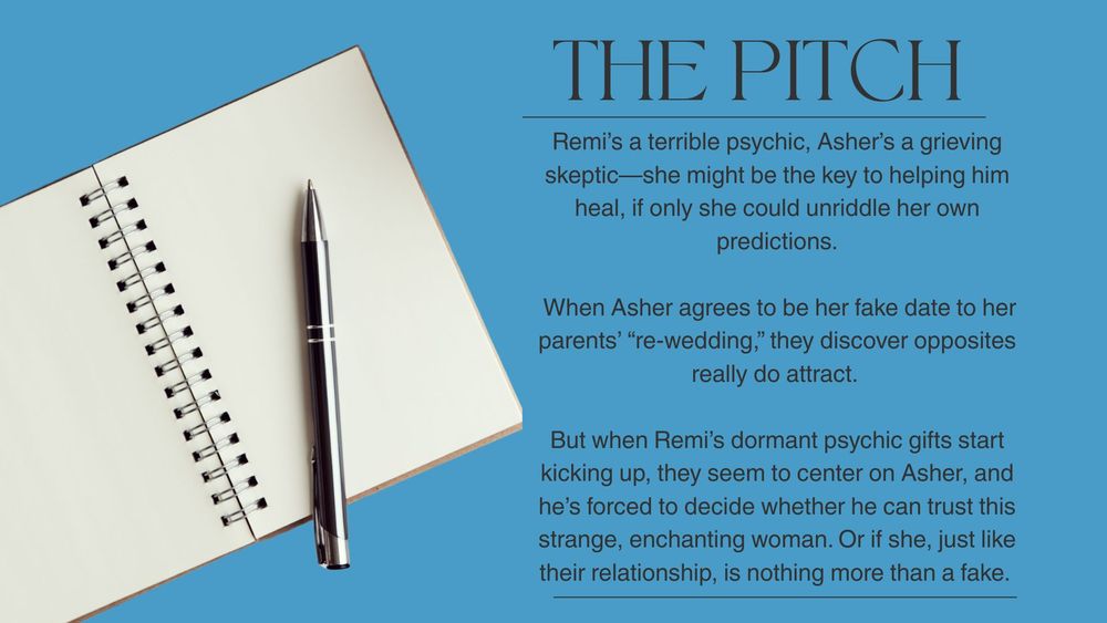 A pitch for FATED FAKES by Kim Cayley, image features a notebook open to a blank page with a pen, on a blue background