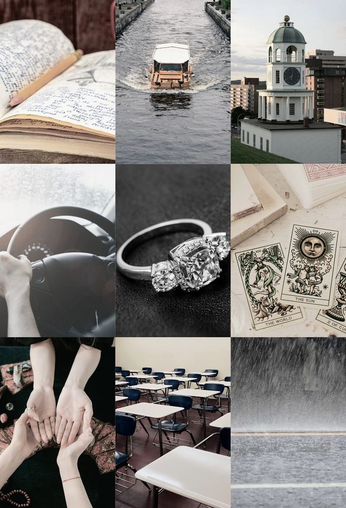Image is a photo collage depicting the vibes of FATED FAKES by Kim Cayley. Thumbnail images include a journal, an amphibious vehicle, Halifax's Old Town Clock, a person's hands on a steering wheel, a three-diamond ring, tarot cards, palm reading, a classroom, and a rain storm 