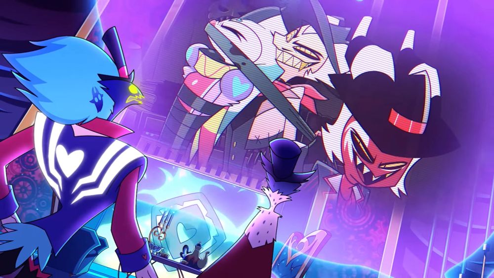 Crimson from “Helluva Boss” antagonizing Asmodeus on video call by having Striker contain Fizzarolli as they hold him for ransom.
Stolas is watching on the sidelines. 

#HelluvaBoss