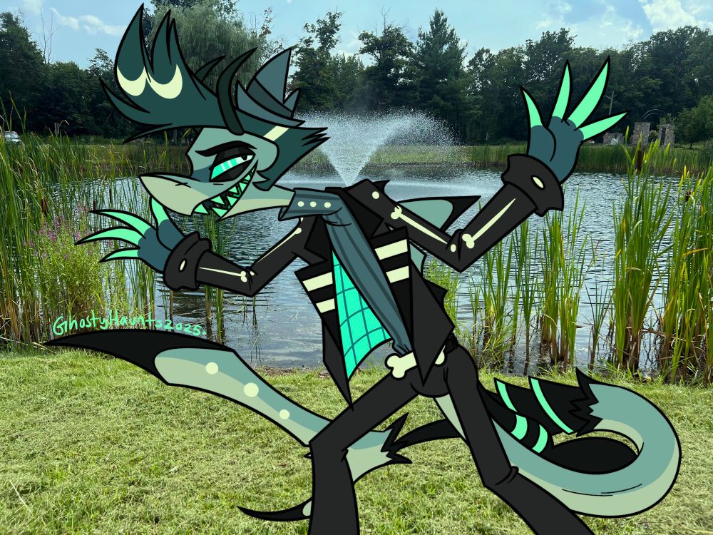 A digital drawing of Chaz from “Helluva Boss.” 
He’s standing in front of a pond with a fountain, giving the appearance that the fountain is shooting out of his shoulders. 
The background is a photo, not drawn. 