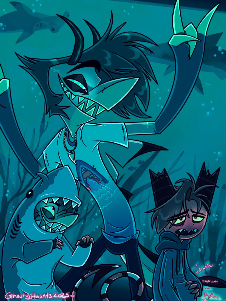 Fanart of Chaz from “Helluva Boss” at an aquarium celebrating Shark Week with Domino (OC of OP, partner to Chaz) and Uno (OC of OP, son of Chaz & Domino) 
There are a couple sharks in the background swimming peacefully in their tank. 