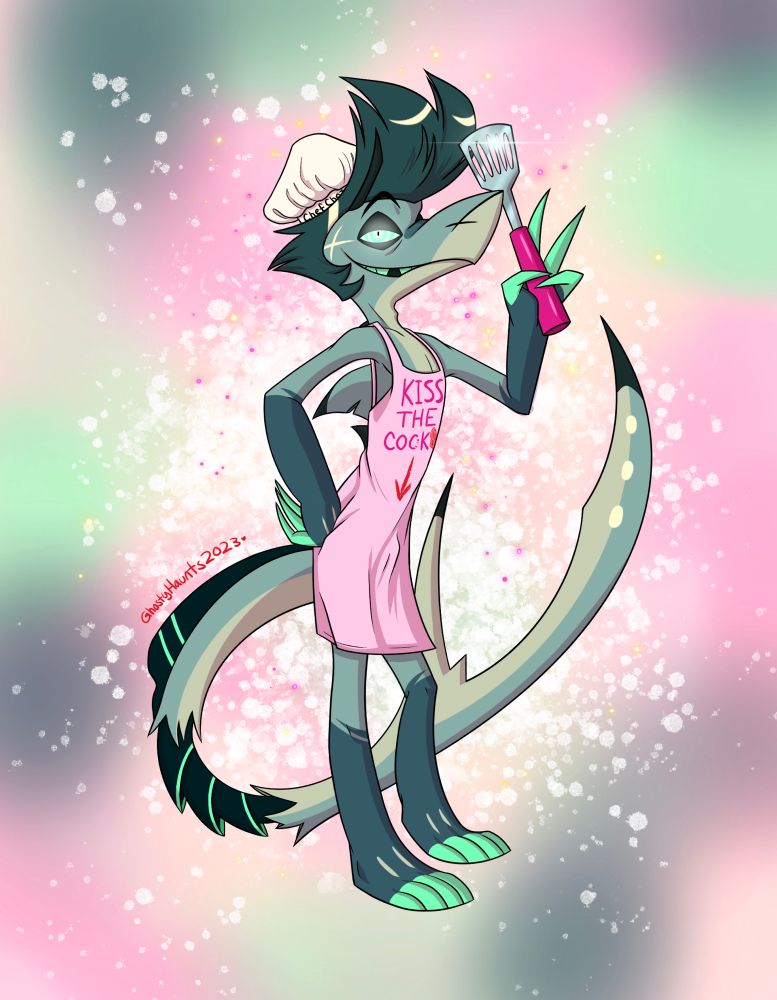 A older drawing of Chaz from the adult animated show “Helluva Boss” in a provocative themed apron. He’s holding a spatula and has a grin on his face. The previous drawing is an updated version of this one. 