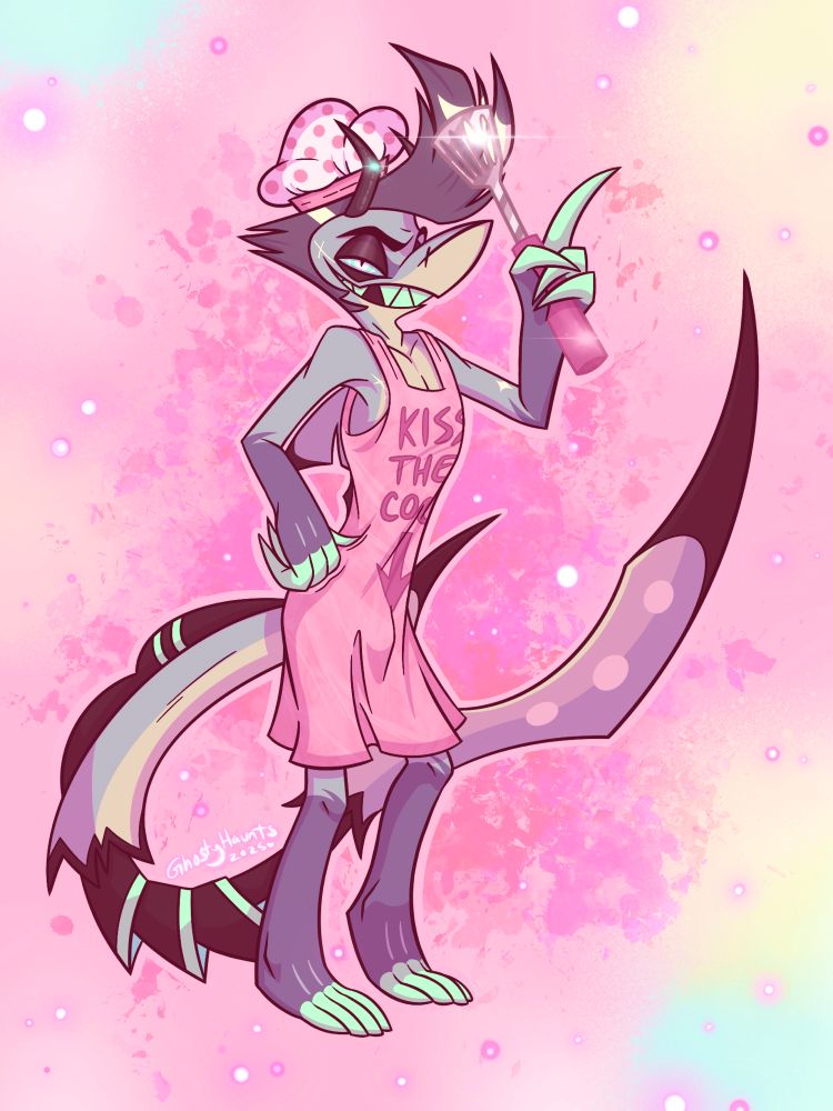 A drawing of Chaz from the adult animated show “Helluva Boss” in a provocative themed apron. He’s holding a spatula and has a grin on his face. This is an updated version of an older drawing. 