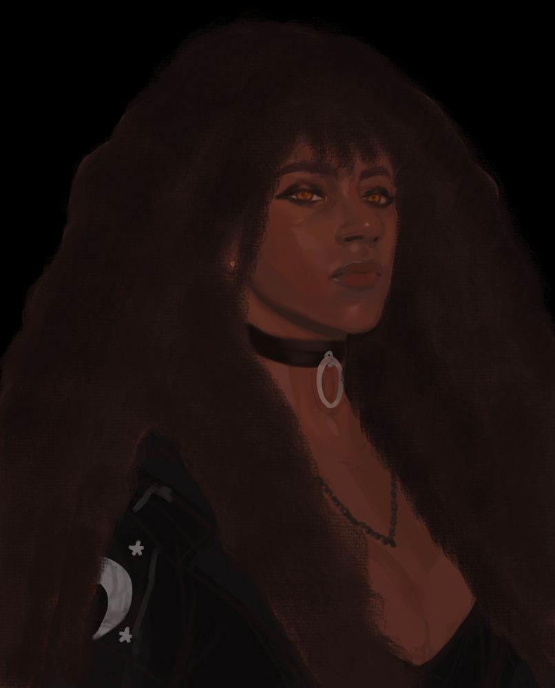 A digital bust portrait of a black woman looking at the viewer with gold eyes. She is wearing gothic styled clothes and has large textured hair that frames her face.
