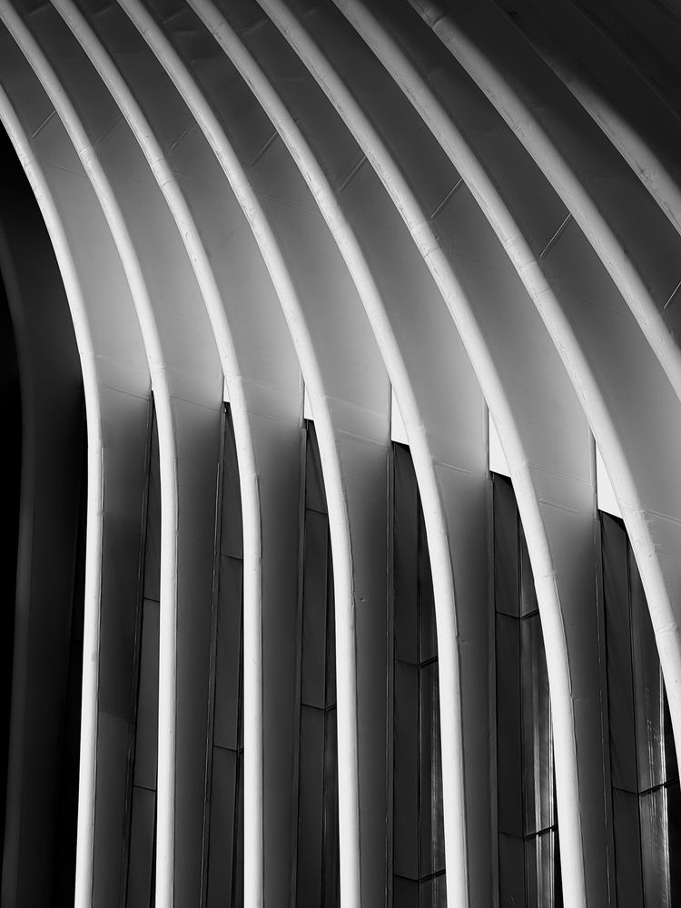 A black and white photo showing the Oculus’s curved ribs stacking rhythmically upward, creating a flowing, wave-like architectural pattern beside the vertical glass panels.