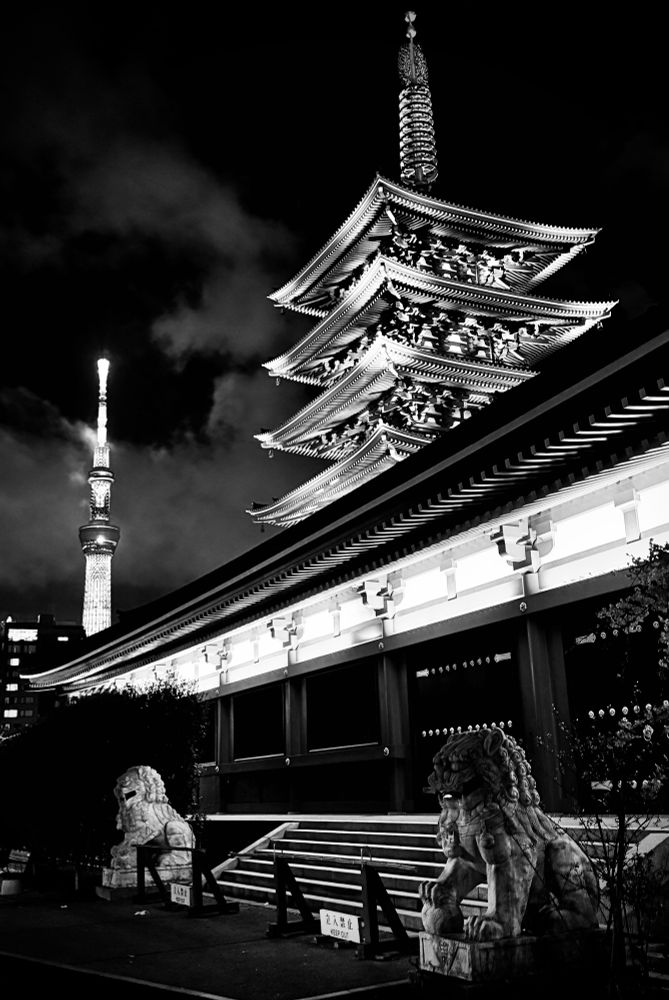 A black and white image of the illuminated five-story pagoda and main hall of Sensō-ji Temple in Tokyo at night. Two guardian lion statues flank the stairs leading to the entrance. A modern tower (Tokyo Skytree) glows in the distance.