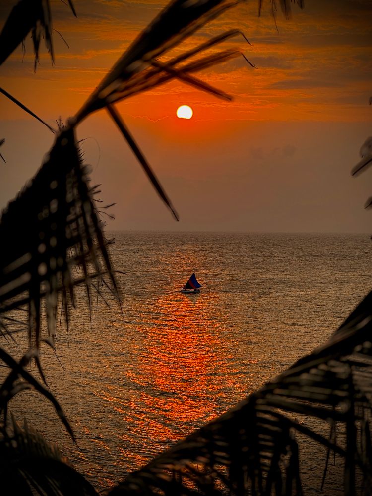 From Lombok’s cliffs, a sailboat cuts across the Bali Sea, the horizon ablaze with the setting sun. Swaying silhouette of palm leaves frame the scene.