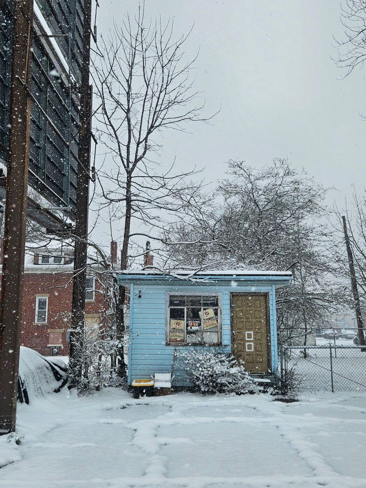Baby blue shed with a glass panel window filled with "no parking" and "for rent signs." It sits on an abandoned, snow-covered car lot. There are snowed up trees in the background 