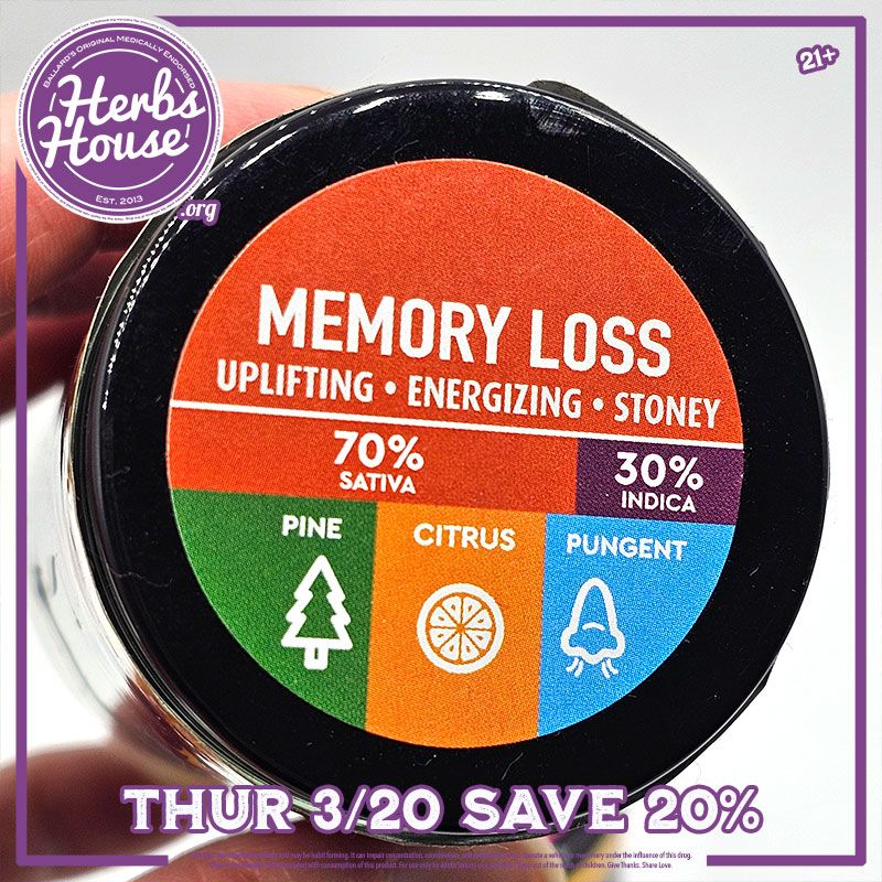 Close up of the lid on a jar of Memory Loss cannabis, 70% Sativa, 30% Indica, Pungent Pine and Citrus aroma - Magic Time Vendor Day Advertisement 