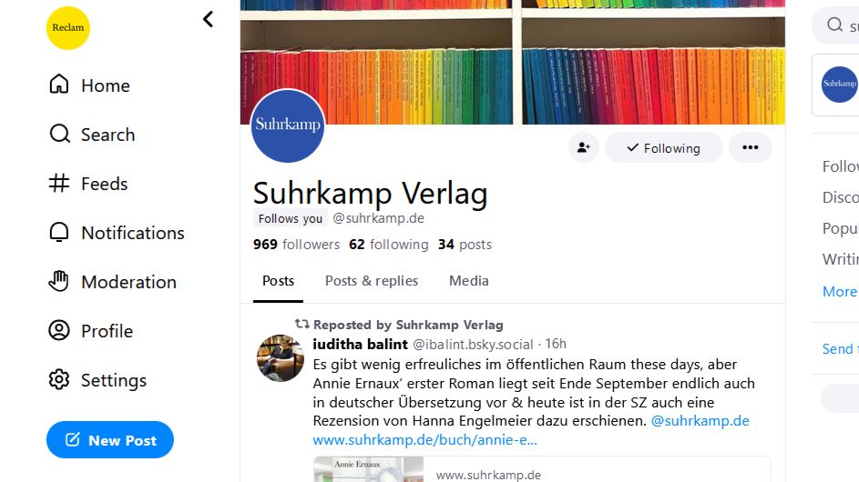 Screenshot von der Profilseite des Suhrkamp Verlags mit aktuell 969 Followern.