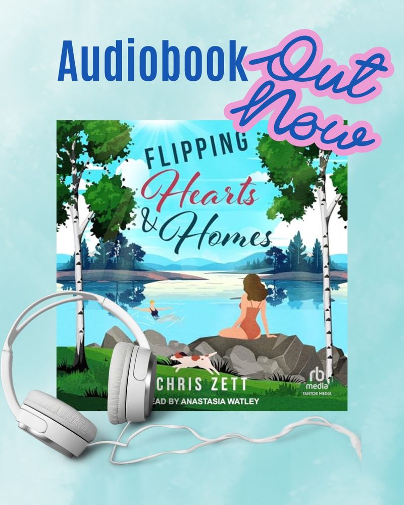 Audiobook cover for flipping hearts and homes. A woman in a swimsuit sits at the edge of a lake and watches another woman swim