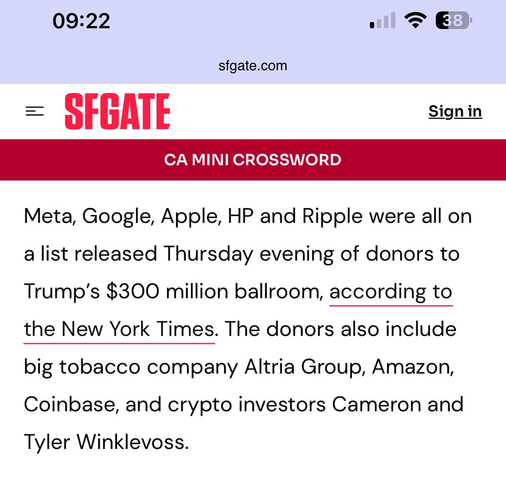 Screenshot of SFGate.com article stating that Meta, Google,Apple, & Ripple were on a list of Trump’s $300 million ballroom. 