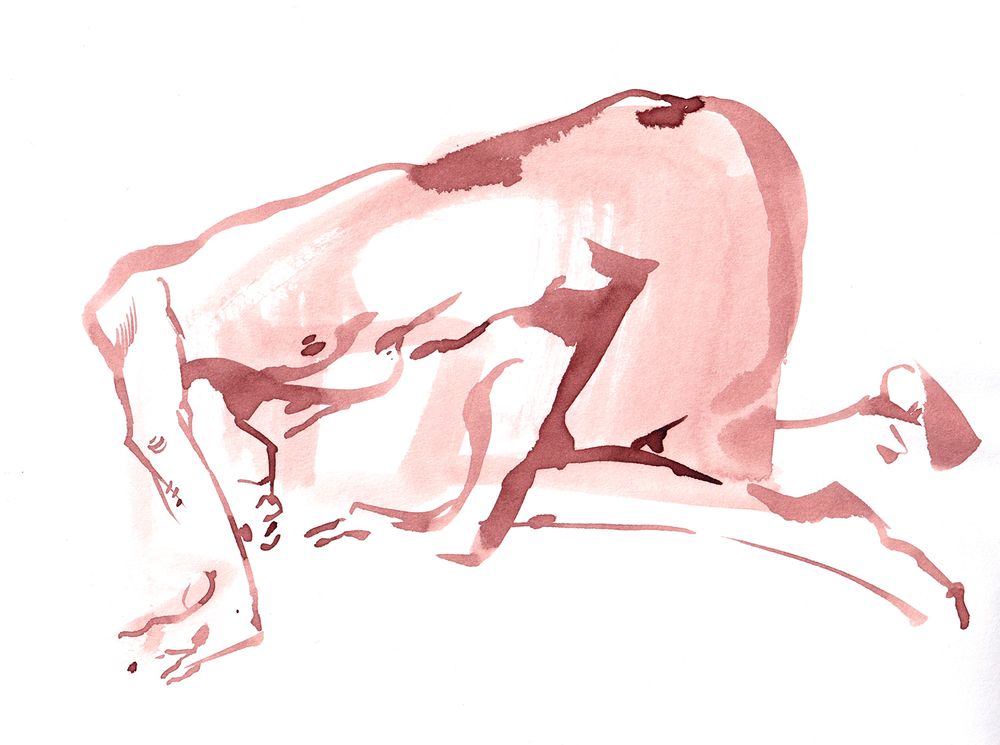 Red ink drawing of Fior in a twisted kneeling pose