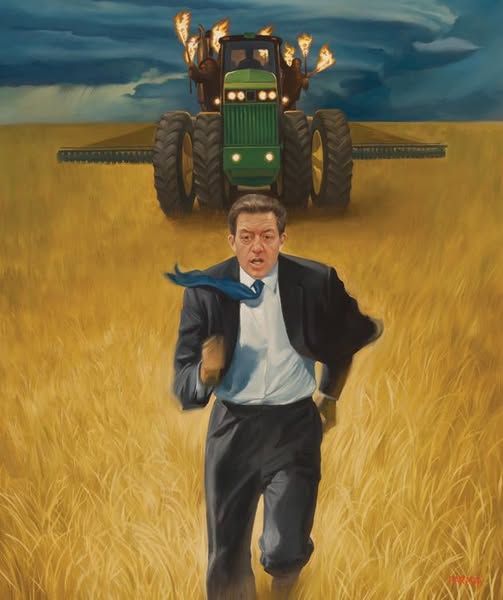 The image, meant to evoke the crop duster scene in North by Northwest, shows former KS governor Sam Brownback in the foreground, who is fleeing a tractor.  The tractor has several people on it who are brandishing torches.