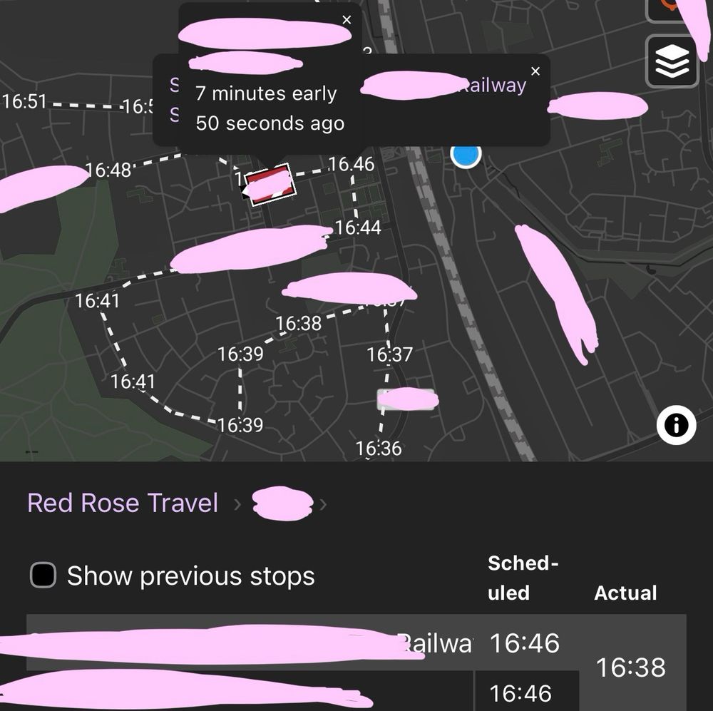 Bus passing through my bus stop at 16:38, due at 16:46, and I wasn’t quite at the bus stop yet…

This bus runs *hourly* and so I would have to wait 67 minutes for the next bus had I not just gotten a taxi…