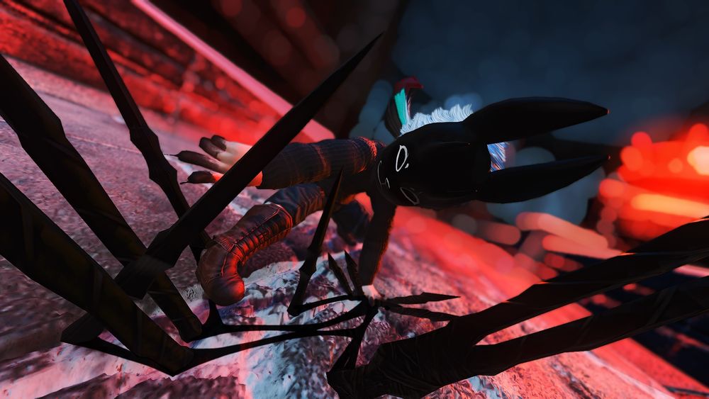 pan crouched down, placing ink onto the ground with one hand and summoning spikes out of it with the other