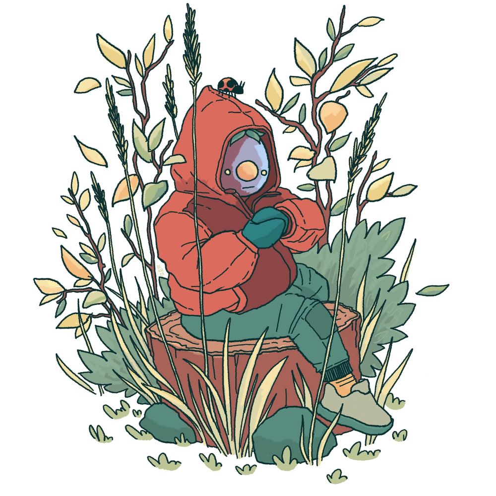 A blueberry kid sitting on a stump in autumn foliage