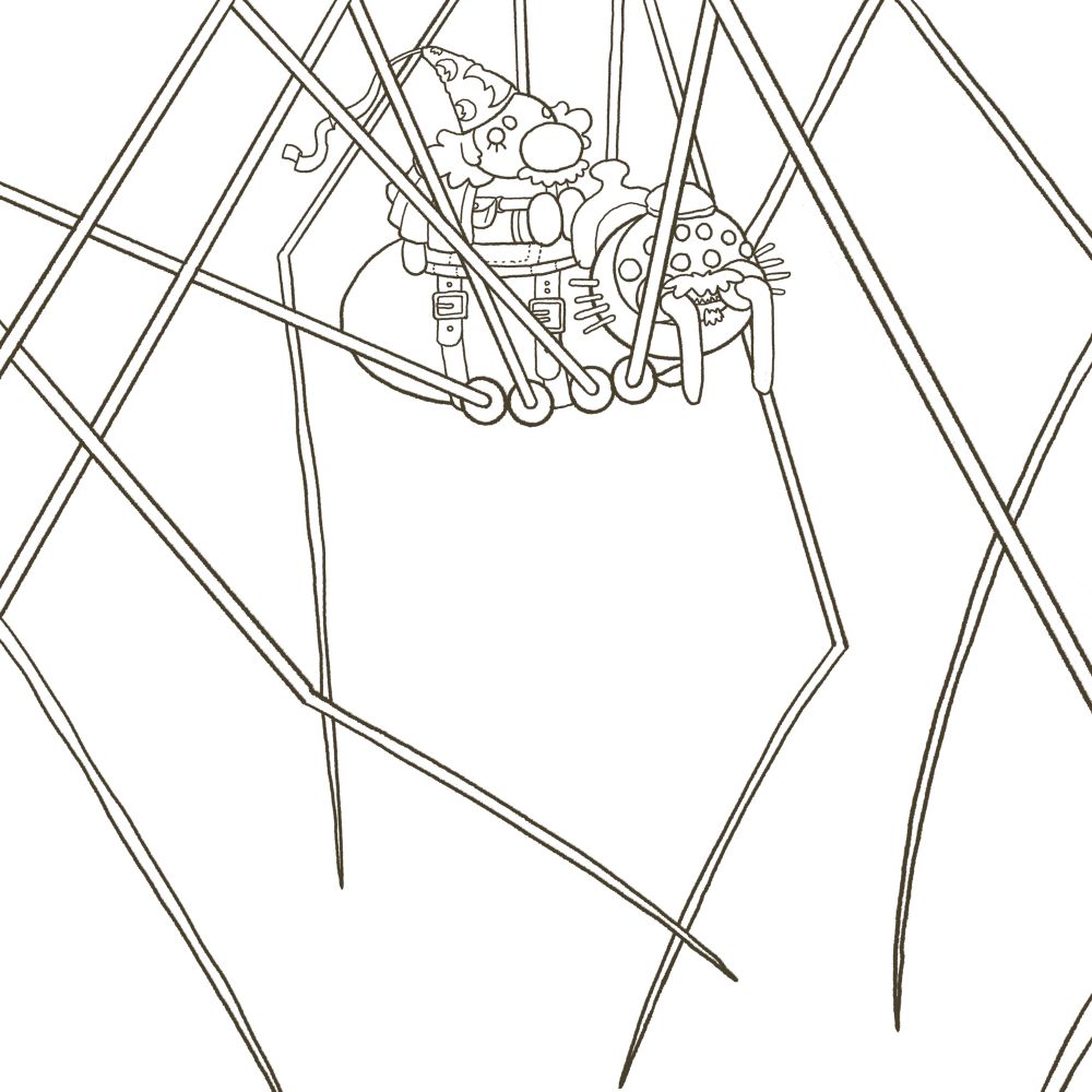 A little gnome wizard rides a daddy long legs spider in a black and white cartoon drawing