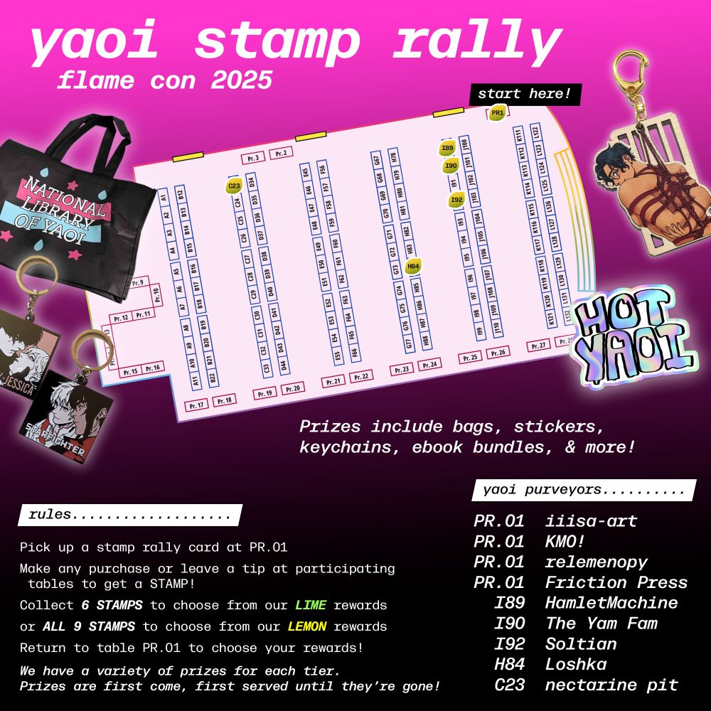 a graphic with a map of the flame con exhibitor hall highlighting participants of the yaoi stamp rally