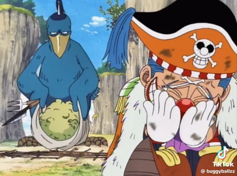 buggy the clown from one piece giggling into his hands behind a tree over a trap he set for a giant bird 