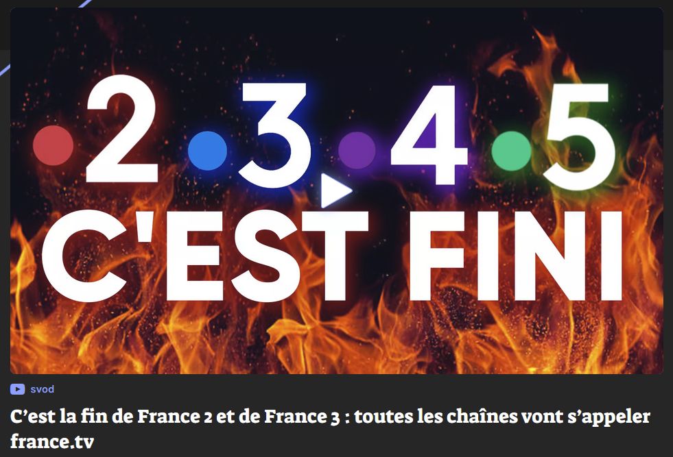 Numerama : "C'est la fin de France 2 et France 3" avec une illustration toute en subtilité : les logos des chaines dans des flammes