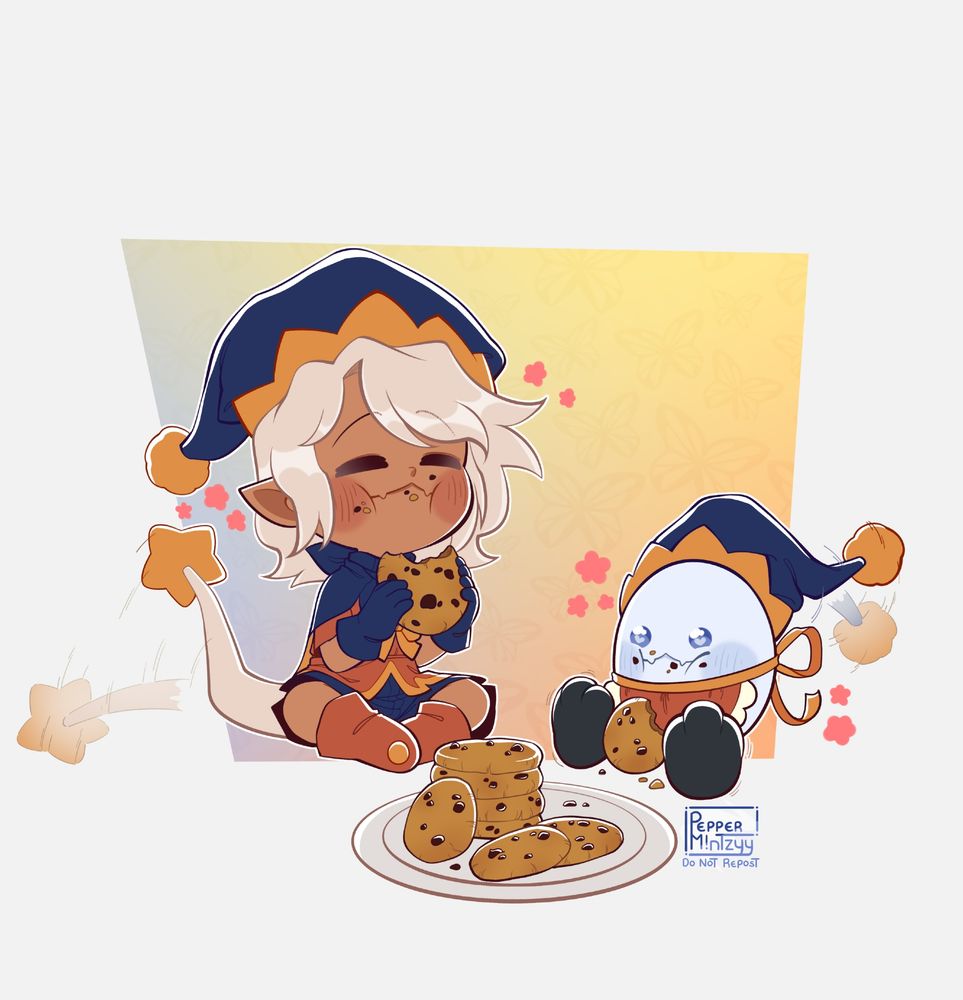 I saw the baby, decided to draw the baby, i drew the baby. And there he is, in all his cuteness, enjoying a well deserved plate of cookies, after hours of playing and adventures <3