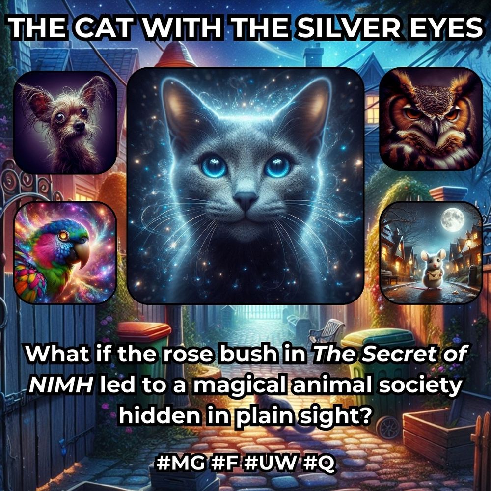 A suburban alley, a cat with silver eyes, a scraggly dog, a magical parrot, an angry owl, and a small mouse holding a letter. The text says, THE CAT WITH THE SILVER EYES; what if the rose bush in The Secret of NIMH led to a magical animal society hidden in plain sight?