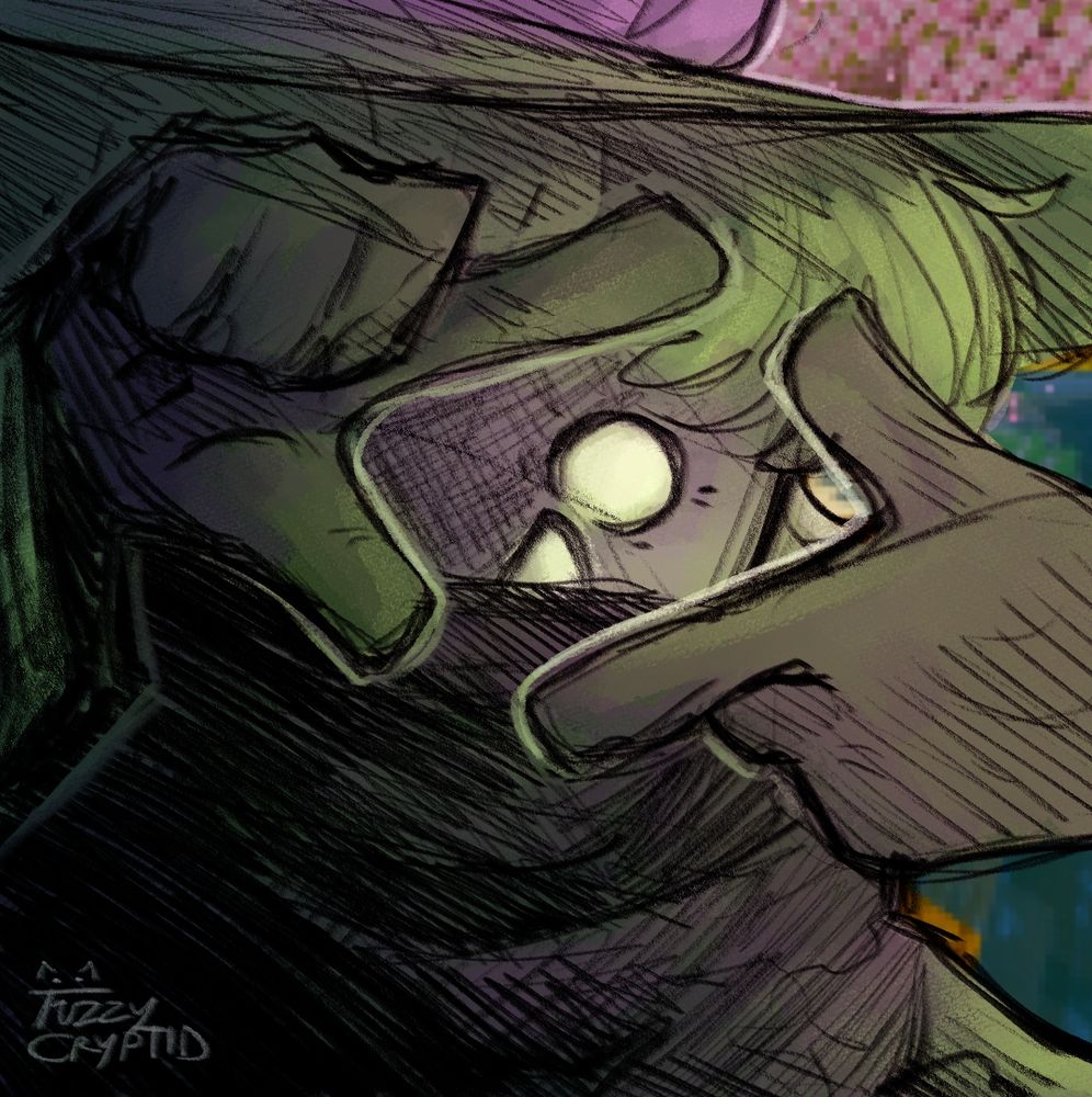 Sketchy watercolor-style digital drawing of a minecraft character with 
white, pupil-less eyes, a half-obscured tusk, grey skin/fur, a green bowlcut, green shirt, black shawl and gloves, and a lilypad on his head positioning his hands in a way that makes a rectangle shape with his thumbs and index fingers