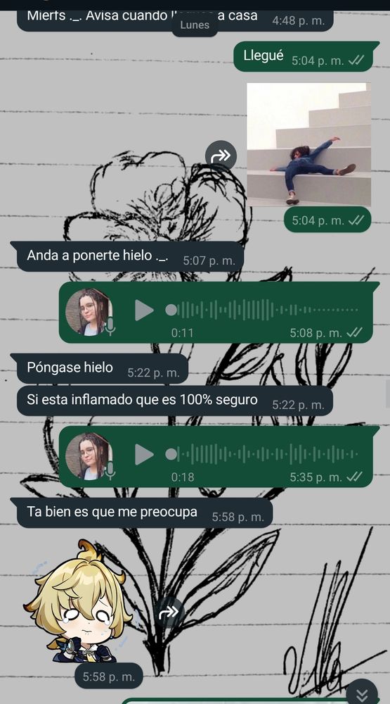 "Ahora sí puedo lagrimear un poco del dolor y chillar, duele un montón" 
"No es la primera vez que me lastimó así, tranquila... Déjame procesar un poco el dolor y ya me pongo el hielo"